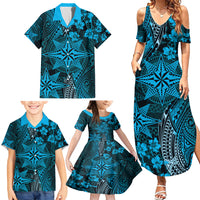 Vintage Tonga Tribal Ngatu Pattern Family Matching Summer Maxi Dress and Hawaiian Shirt With Pacific Floral Aqua Art LT9 - Polynesian Pride