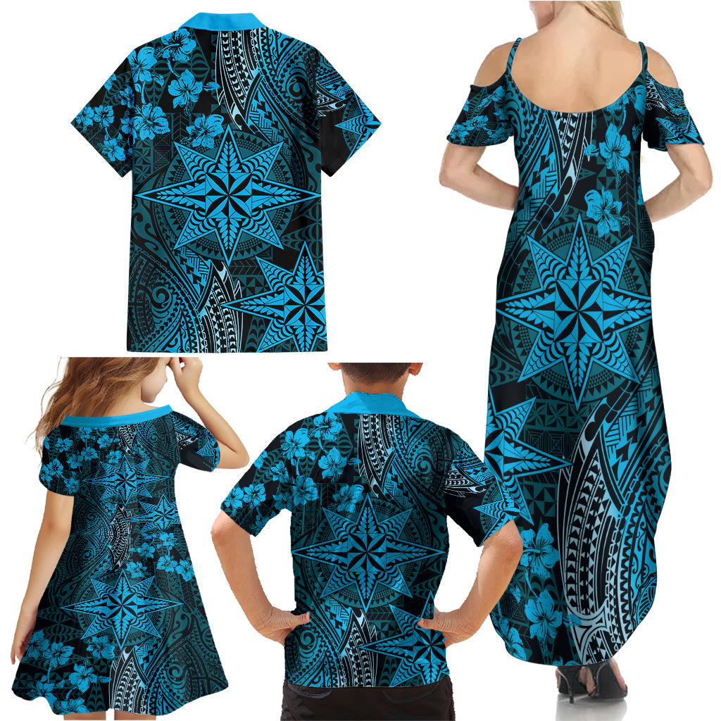Vintage Tonga Tribal Ngatu Pattern Family Matching Summer Maxi Dress and Hawaiian Shirt With Pacific Floral Aqua Art LT9 - Polynesian Pride