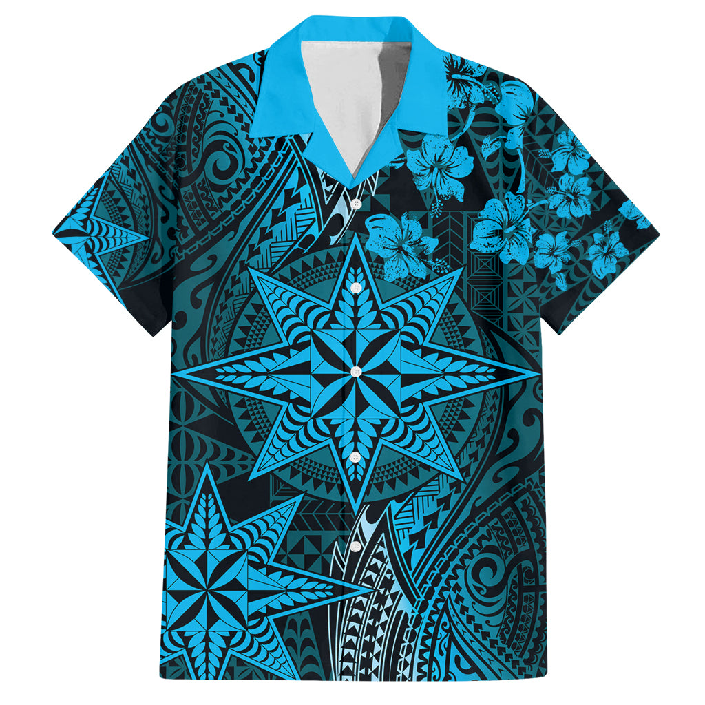 Vintage Tonga Tribal Ngatu Pattern Family Matching Summer Maxi Dress and Hawaiian Shirt With Pacific Floral Aqua Art LT9 Dad's Shirt - Short Sleeve Aqua - Polynesian Pride