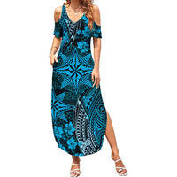 Vintage Tonga Tribal Ngatu Pattern Family Matching Summer Maxi Dress and Hawaiian Shirt With Pacific Floral Aqua Art LT9 Mom's Dress Aqua - Polynesian Pride