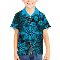 Vintage Tonga Tribal Ngatu Pattern Family Matching Summer Maxi Dress and Hawaiian Shirt With Pacific Floral Aqua Art LT9 Son's Shirt Aqua - Polynesian Pride