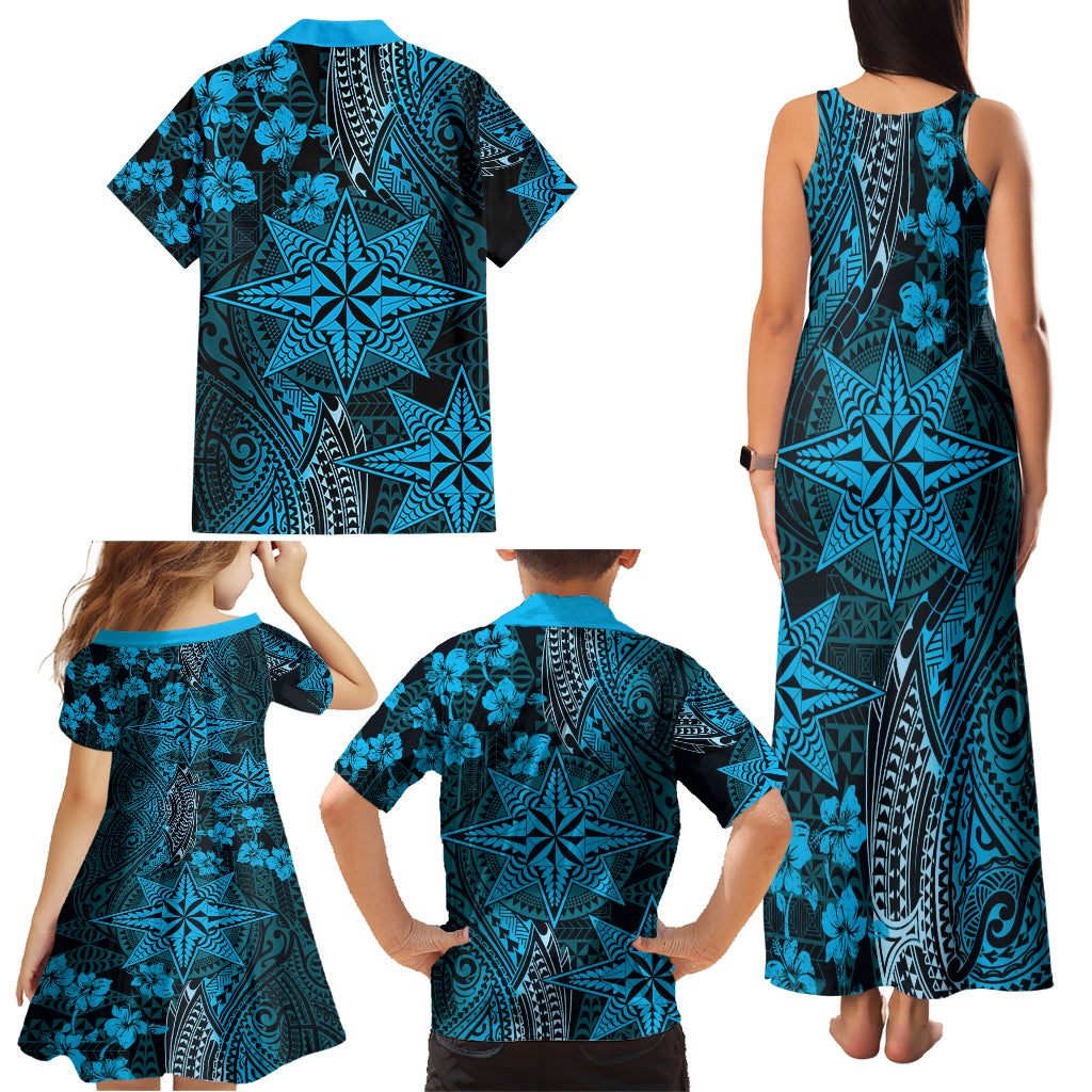Vintage Tonga Tribal Ngatu Pattern Family Matching Tank Maxi Dress and Hawaiian Shirt With Pacific Floral Aqua Art LT9 - Polynesian Pride