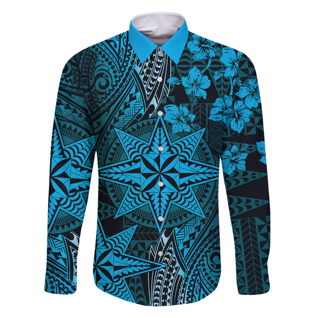 Vintage Tonga Tribal Ngatu Pattern Family Matching Tank Maxi Dress and Hawaiian Shirt With Pacific Floral Aqua Art LT9 Dad's Shirt - Long Sleeve Aqua - Polynesian Pride