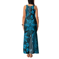 Vintage Tonga Tribal Ngatu Pattern Family Matching Tank Maxi Dress and Hawaiian Shirt With Pacific Floral Aqua Art LT9 - Polynesian Pride