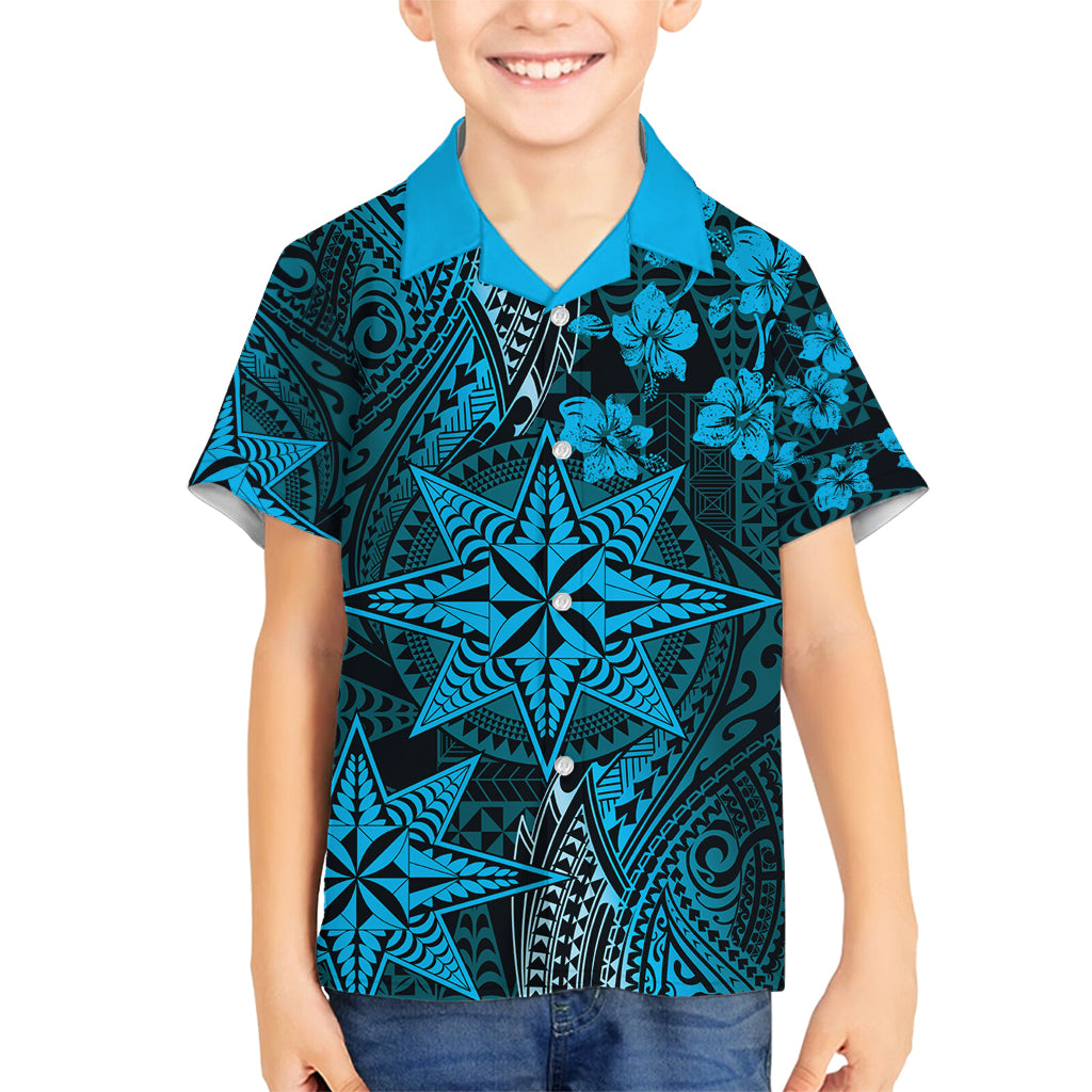 Vintage Tonga Tribal Ngatu Pattern Family Matching Tank Maxi Dress and Hawaiian Shirt With Pacific Floral Aqua Art LT9 Son's Shirt Aqua - Polynesian Pride