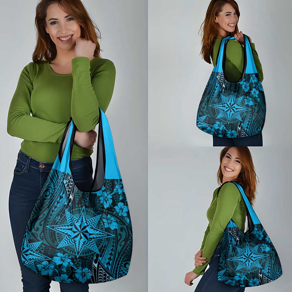 Vintage Tonga Tribal Ngatu Pattern Grocery Bag With Pacific Floral Aqua Art