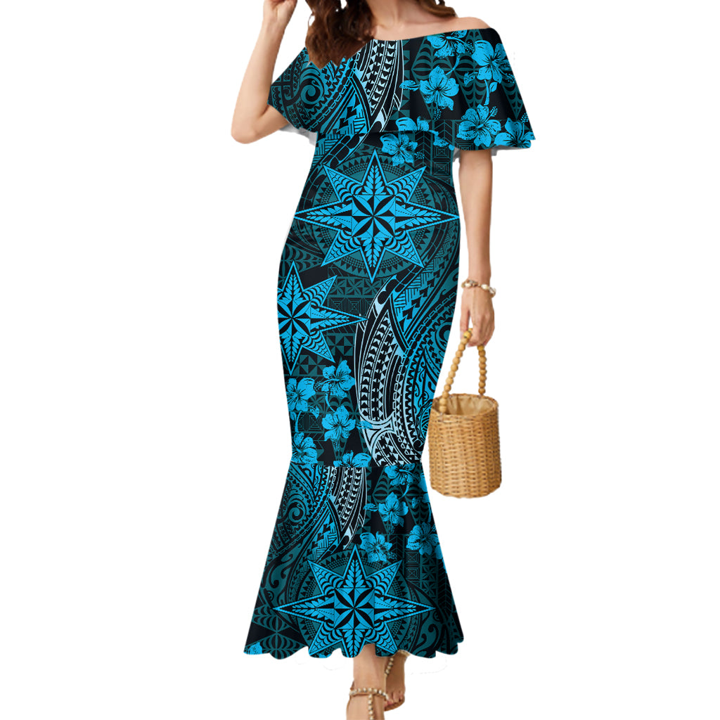 Vintage Tonga Tribal Ngatu Pattern Mermaid Dress With Pacific Floral Aqua Art LT9 Women Aqua - Polynesian Pride