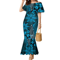 Vintage Tonga Tribal Ngatu Pattern Mermaid Dress With Pacific Floral Aqua Art LT9 Women Aqua - Polynesian Pride