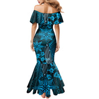 Vintage Tonga Tribal Ngatu Pattern Mermaid Dress With Pacific Floral Aqua Art LT9 - Polynesian Pride