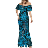 Vintage Tonga Tribal Ngatu Pattern Mermaid Dress With Pacific Floral Aqua Art LT9 - Polynesian Pride