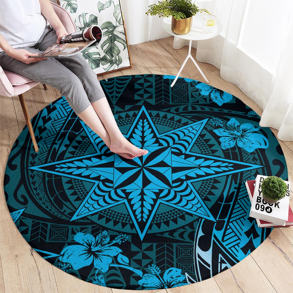 Vintage Tonga Tribal Ngatu Pattern Round Carpet With Pacific Floral Aqua Art