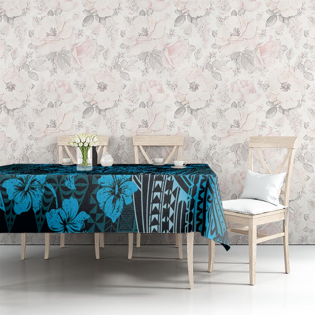Vintage Tonga Tribal Ngatu Pattern Tablecloth With Pacific Floral Aqua Art
