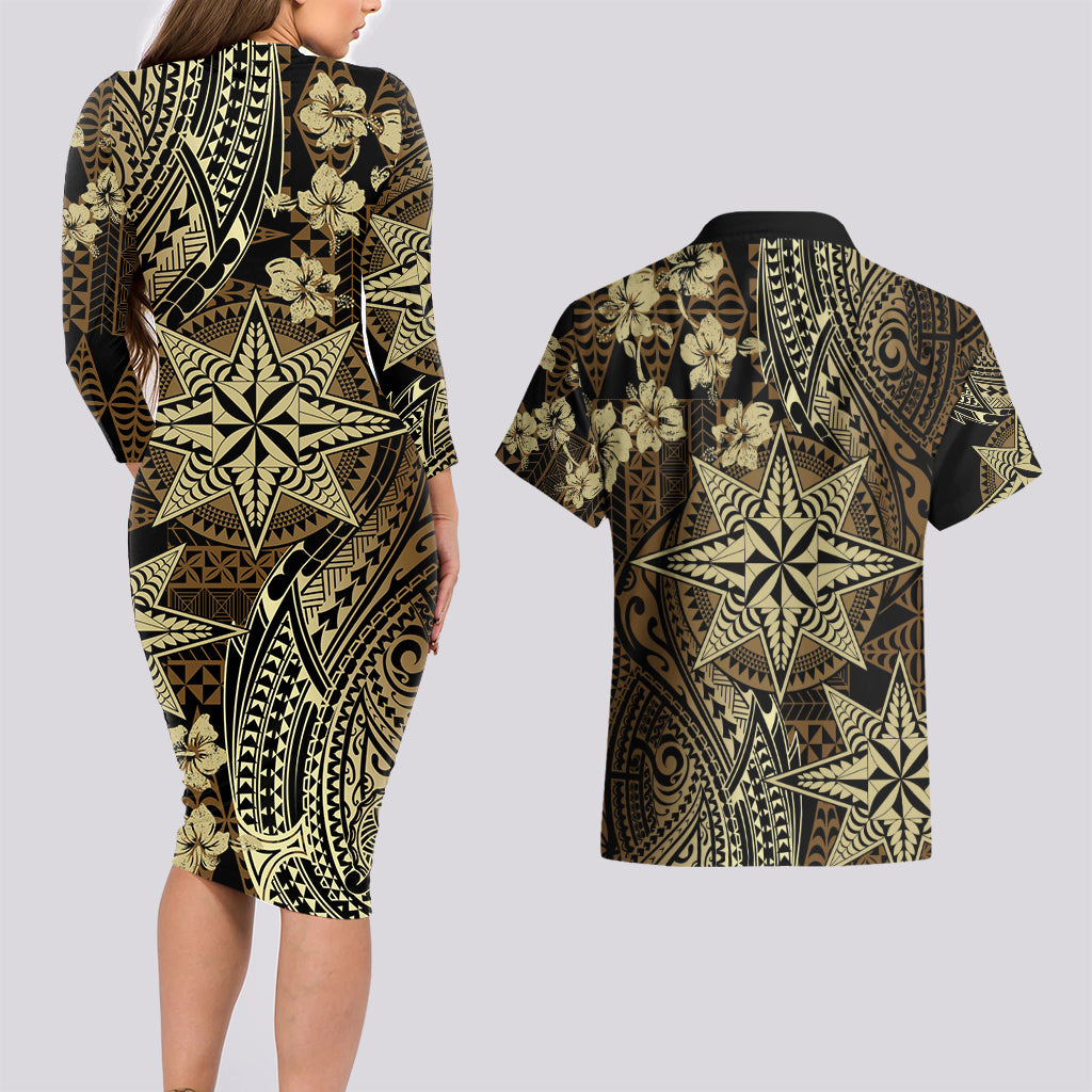 Vintage Tonga Tribal Ngatu Pattern Couples Matching Long Sleeve Bodycon Dress and Hawaiian Shirt With Pacific Floral Brown Art LT9 - Polynesian Pride