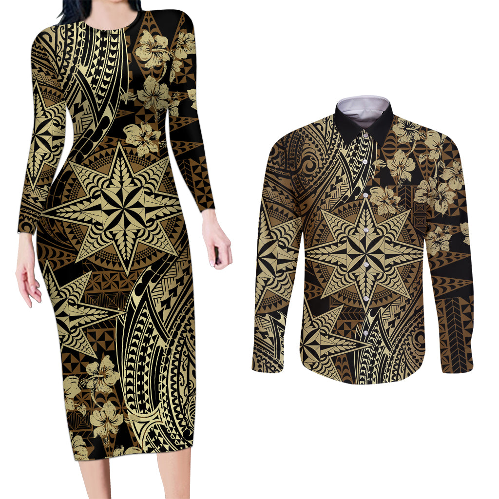 Vintage Tonga Tribal Ngatu Pattern Couples Matching Long Sleeve Bodycon Dress and Long Sleeve Button Shirt With Pacific Floral Brown Art LT9 Brown - Polynesian Pride