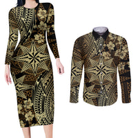 Vintage Tonga Tribal Ngatu Pattern Couples Matching Long Sleeve Bodycon Dress and Long Sleeve Button Shirt With Pacific Floral Brown Art LT9 Brown - Polynesian Pride