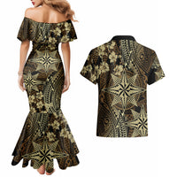 Vintage Tonga Tribal Ngatu Pattern Couples Matching Mermaid Dress and Hawaiian Shirt With Pacific Floral Brown Art LT9 - Polynesian Pride