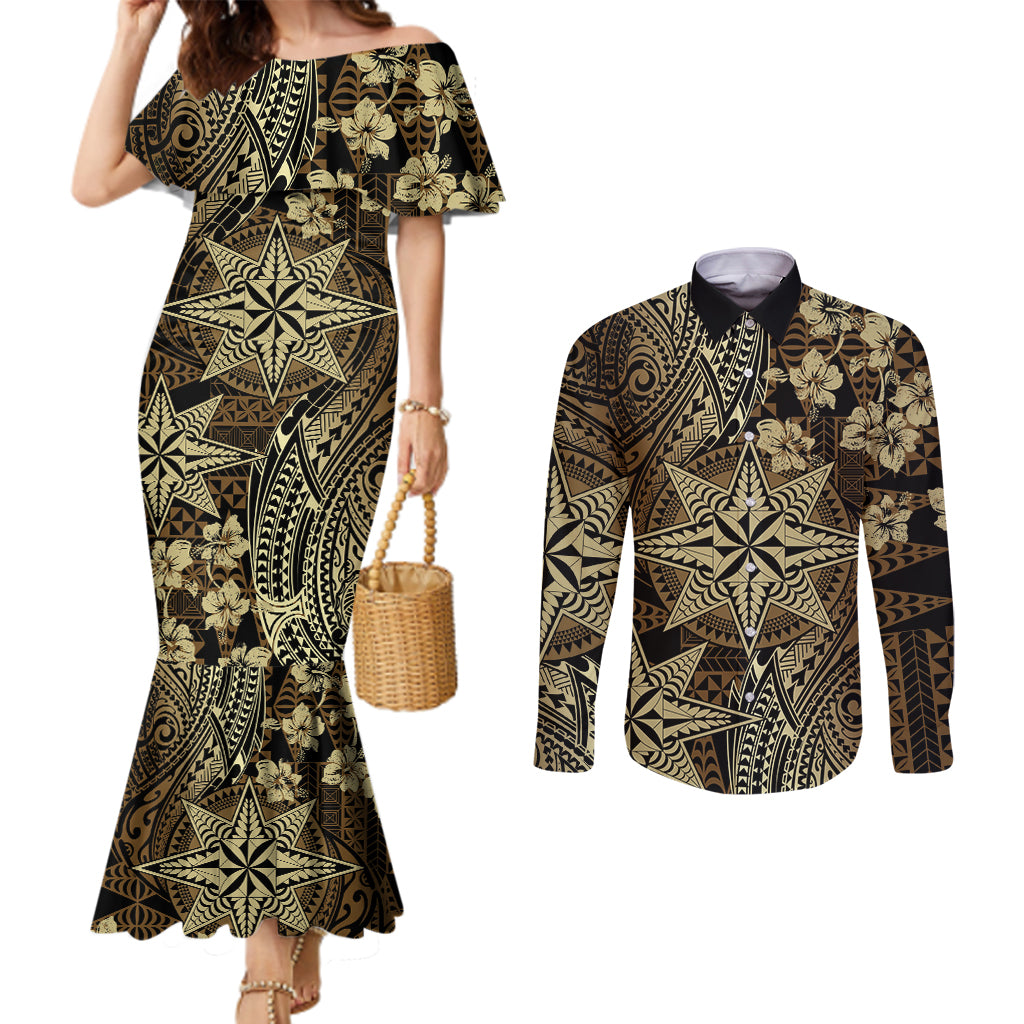 Vintage Tonga Tribal Ngatu Pattern Couples Matching Mermaid Dress and Long Sleeve Button Shirt With Pacific Floral Brown Art LT9 Brown - Polynesian Pride