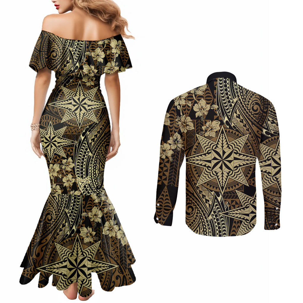 Vintage Tonga Tribal Ngatu Pattern Couples Matching Mermaid Dress and Long Sleeve Button Shirt With Pacific Floral Brown Art LT9 - Polynesian Pride