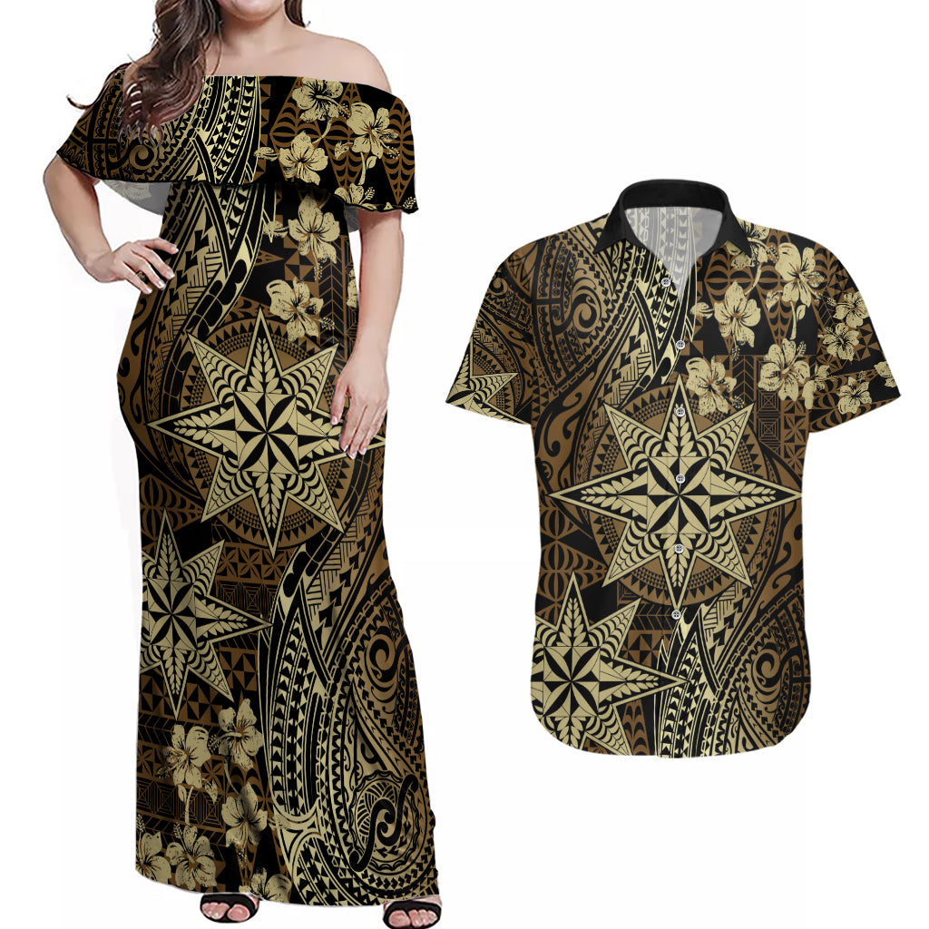 Vintage Tonga Tribal Ngatu Pattern Couples Matching Off Shoulder Maxi Dress and Hawaiian Shirt With Pacific Floral Brown Art LT9 Brown - Polynesian Pride