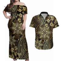 Vintage Tonga Tribal Ngatu Pattern Couples Matching Off Shoulder Maxi Dress and Hawaiian Shirt With Pacific Floral Brown Art LT9 Brown - Polynesian Pride