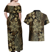 Vintage Tonga Tribal Ngatu Pattern Couples Matching Off Shoulder Maxi Dress and Hawaiian Shirt With Pacific Floral Brown Art LT9 - Polynesian Pride