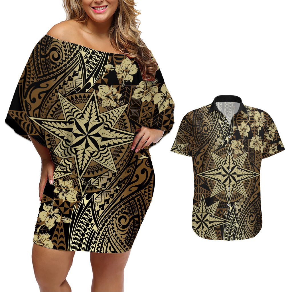 Vintage Tonga Tribal Ngatu Pattern Couples Matching Off Shoulder Short Dress and Hawaiian Shirt With Pacific Floral Brown Art LT9 Brown - Polynesian Pride