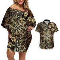 Vintage Tonga Tribal Ngatu Pattern Couples Matching Off Shoulder Short Dress and Hawaiian Shirt With Pacific Floral Brown Art LT9 Brown - Polynesian Pride