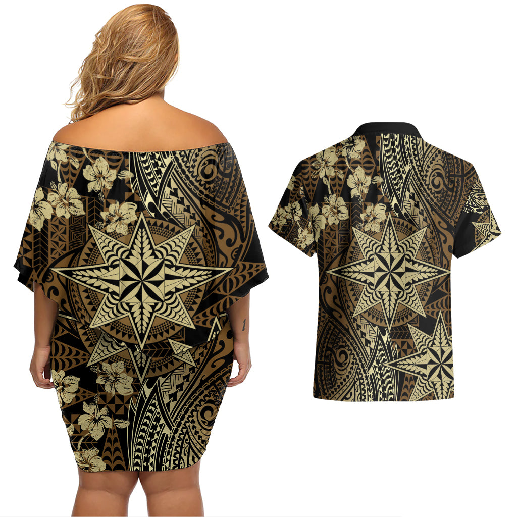 Vintage Tonga Tribal Ngatu Pattern Couples Matching Off Shoulder Short Dress and Hawaiian Shirt With Pacific Floral Brown Art LT9 - Polynesian Pride