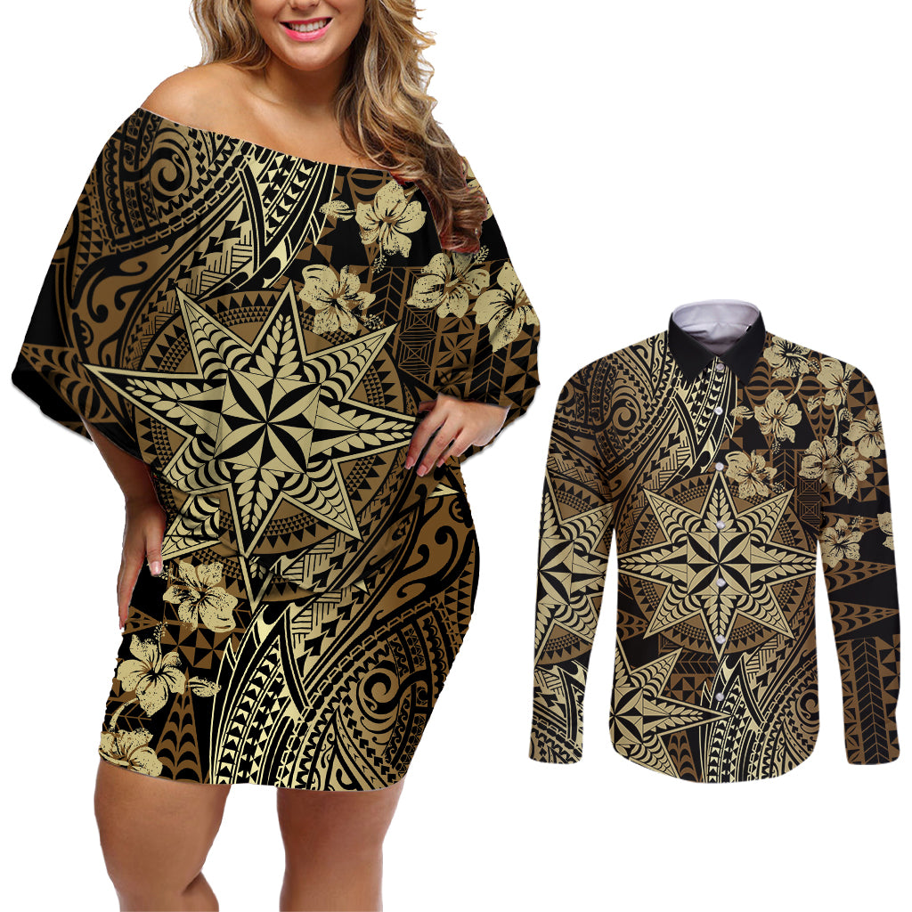 Vintage Tonga Tribal Ngatu Pattern Couples Matching Off Shoulder Short Dress and Long Sleeve Button Shirt With Pacific Floral Brown Art LT9 Brown - Polynesian Pride