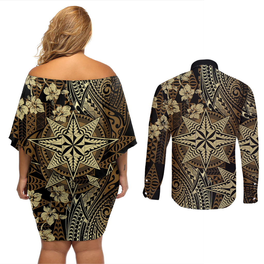Vintage Tonga Tribal Ngatu Pattern Couples Matching Off Shoulder Short Dress and Long Sleeve Button Shirt With Pacific Floral Brown Art LT9 - Polynesian Pride
