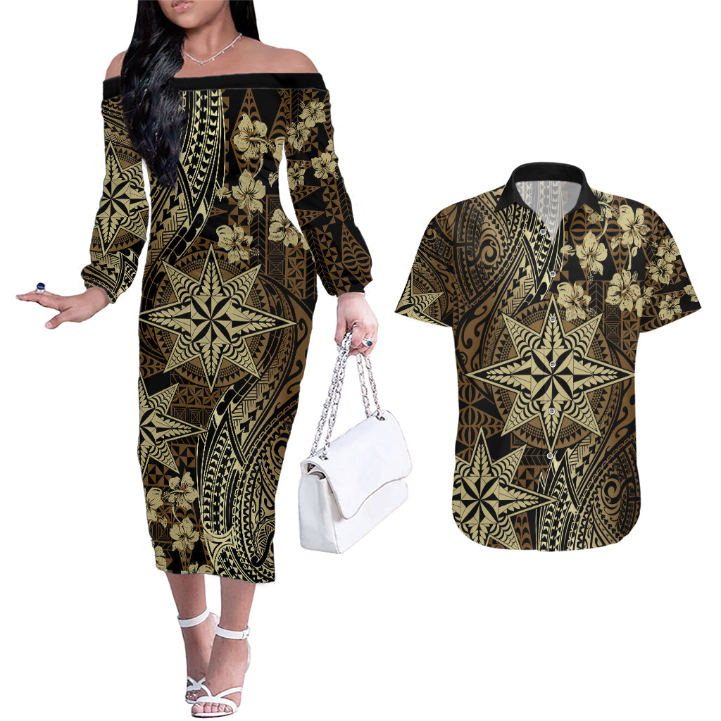 Vintage Tonga Tribal Ngatu Pattern Couples Matching Off The Shoulder Long Sleeve Dress and Hawaiian Shirt With Pacific Floral Brown Art LT9 Brown - Polynesian Pride