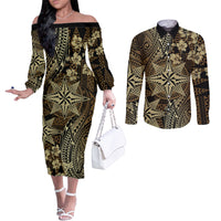 Vintage Tonga Tribal Ngatu Pattern Couples Matching Off The Shoulder Long Sleeve Dress and Long Sleeve Button Shirt With Pacific Floral Brown Art LT9 Brown - Polynesian Pride