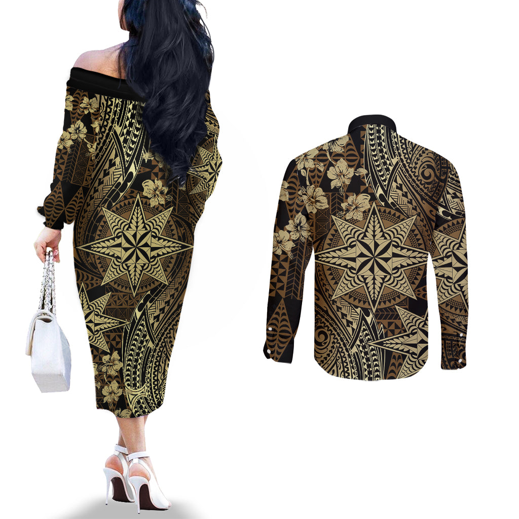 Vintage Tonga Tribal Ngatu Pattern Couples Matching Off The Shoulder Long Sleeve Dress and Long Sleeve Button Shirt With Pacific Floral Brown Art LT9 - Polynesian Pride