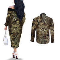 Vintage Tonga Tribal Ngatu Pattern Couples Matching Off The Shoulder Long Sleeve Dress and Long Sleeve Button Shirt With Pacific Floral Brown Art LT9 - Polynesian Pride