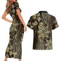 Vintage Tonga Tribal Ngatu Pattern Couples Matching Short Sleeve Bodycon Dress and Hawaiian Shirt With Pacific Floral Brown Art LT9 - Polynesian Pride