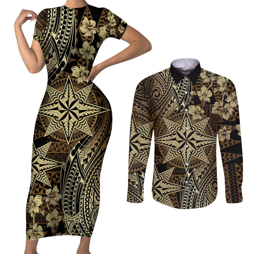 Vintage Tonga Tribal Ngatu Pattern Couples Matching Short Sleeve Bodycon Dress and Long Sleeve Button Shirt With Pacific Floral Brown Art LT9 Brown - Polynesian Pride