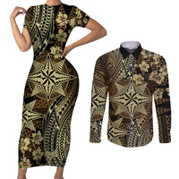 Vintage Tonga Tribal Ngatu Pattern Couples Matching Short Sleeve Bodycon Dress and Long Sleeve Button Shirt With Pacific Floral Brown Art LT9 Brown - Polynesian Pride