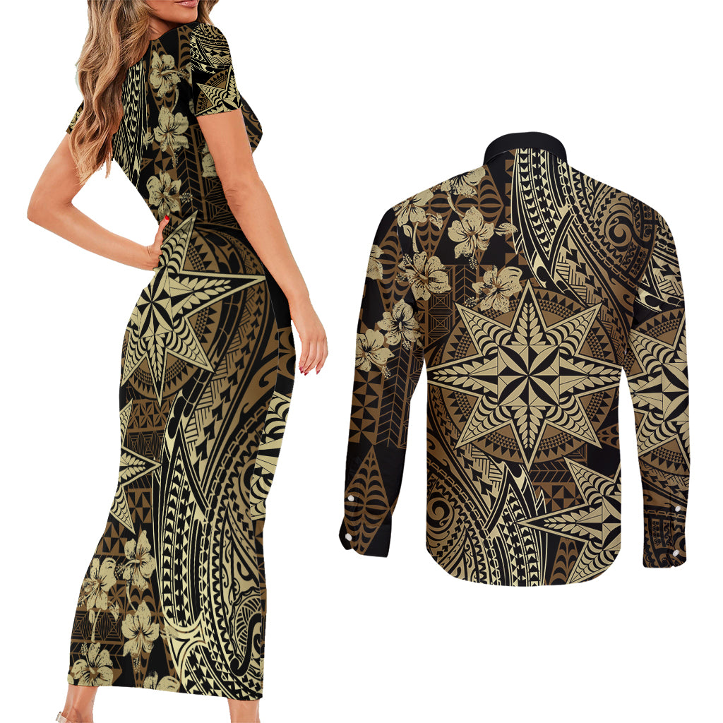 Vintage Tonga Tribal Ngatu Pattern Couples Matching Short Sleeve Bodycon Dress and Long Sleeve Button Shirt With Pacific Floral Brown Art LT9 - Polynesian Pride