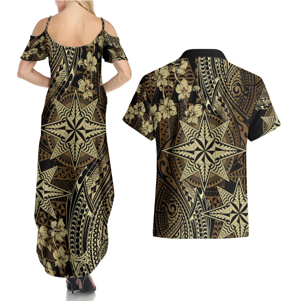 Vintage Tonga Tribal Ngatu Pattern Couples Matching Summer Maxi Dress and Hawaiian Shirt With Pacific Floral Brown Art LT9 - Polynesian Pride