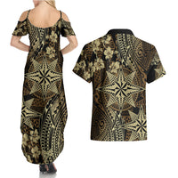 Vintage Tonga Tribal Ngatu Pattern Couples Matching Summer Maxi Dress and Hawaiian Shirt With Pacific Floral Brown Art LT9 - Polynesian Pride