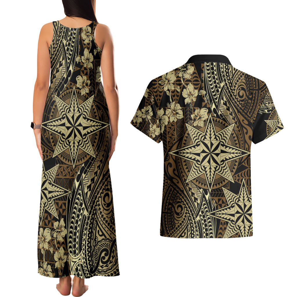 Vintage Tonga Tribal Ngatu Pattern Couples Matching Tank Maxi Dress and Hawaiian Shirt With Pacific Floral Brown Art LT9 - Polynesian Pride