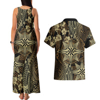 Vintage Tonga Tribal Ngatu Pattern Couples Matching Tank Maxi Dress and Hawaiian Shirt With Pacific Floral Brown Art LT9 - Polynesian Pride