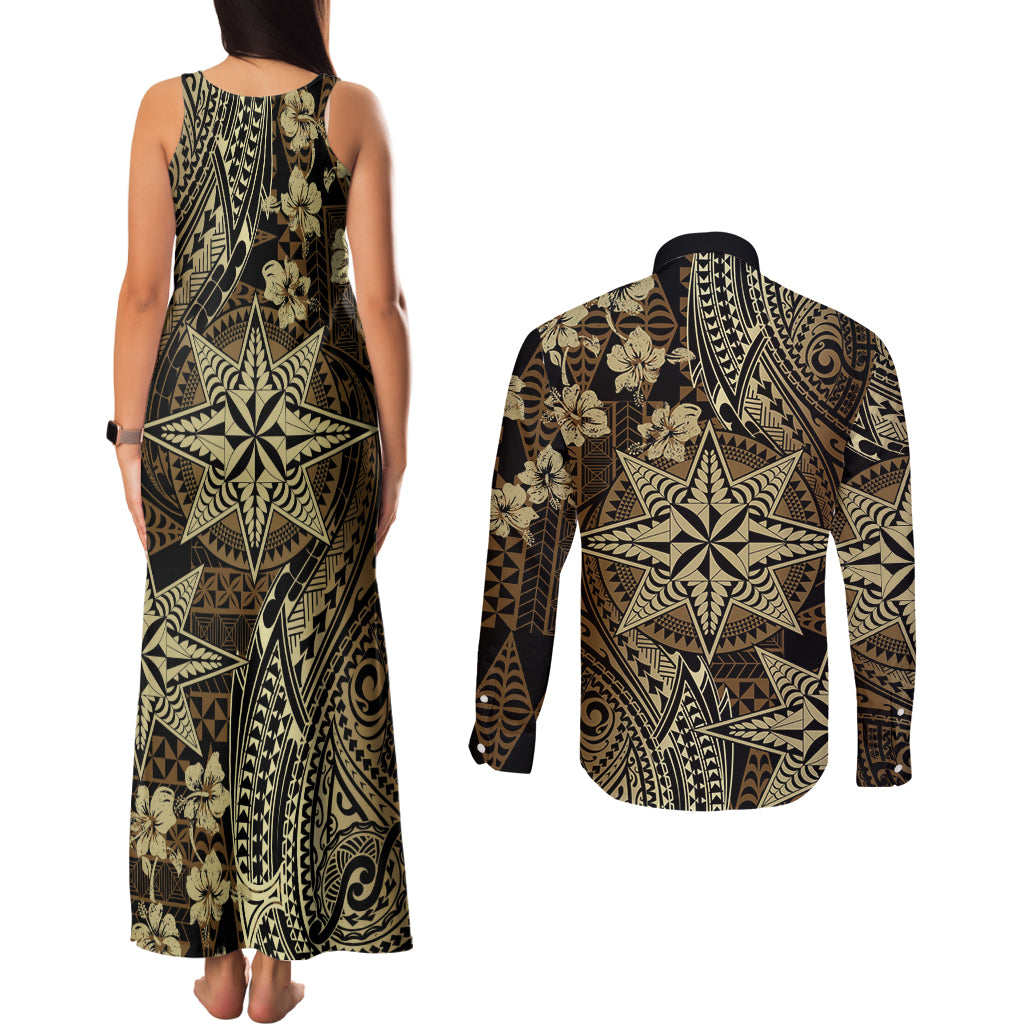Vintage Tonga Tribal Ngatu Pattern Couples Matching Tank Maxi Dress and Long Sleeve Button Shirt With Pacific Floral Brown Art LT9 - Polynesian Pride