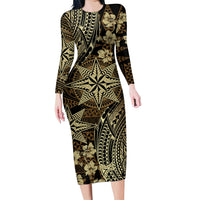 Vintage Tonga Tribal Ngatu Pattern Family Matching Long Sleeve Bodycon Dress and Hawaiian Shirt With Pacific Floral Brown Art LT9 Mom's Dress Brown - Polynesian Pride