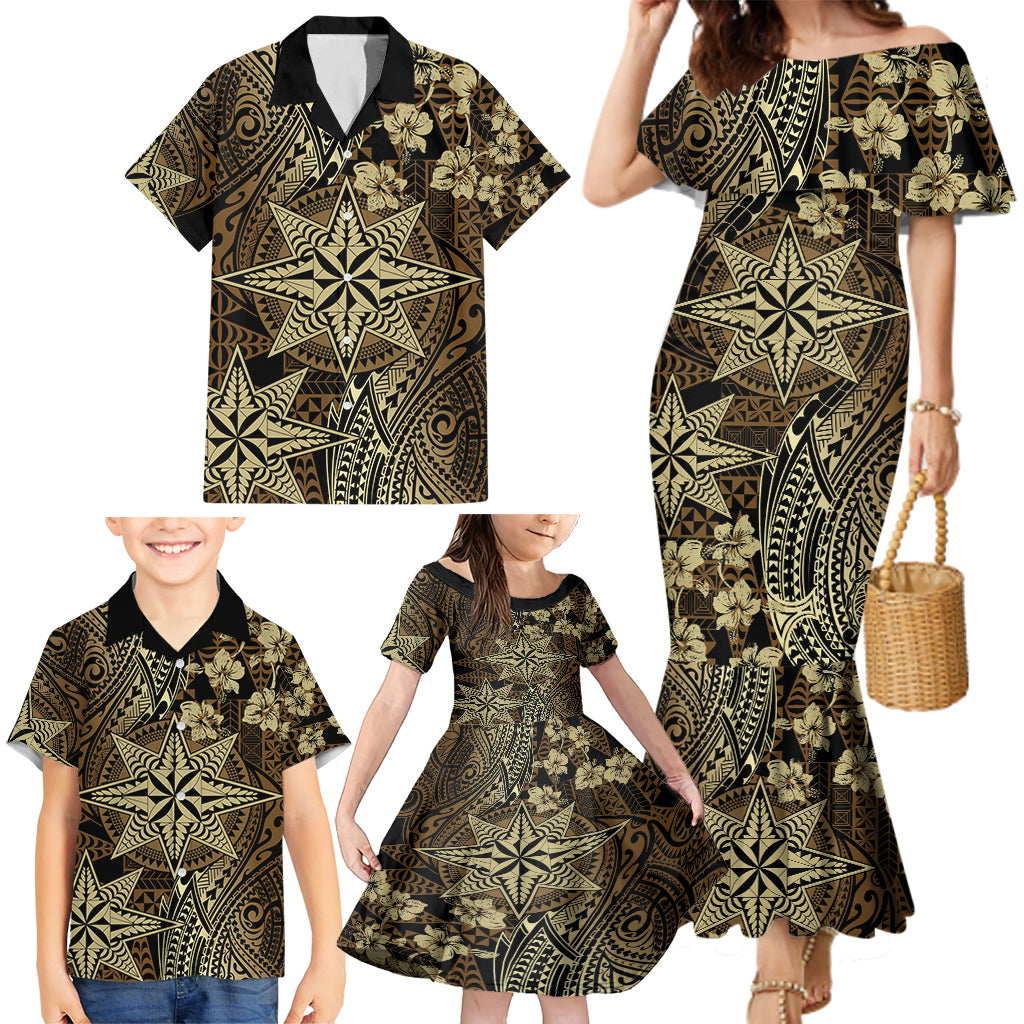 Vintage Tonga Tribal Ngatu Pattern Family Matching Mermaid Dress and Hawaiian Shirt With Pacific Floral Brown Art LT9 - Polynesian Pride