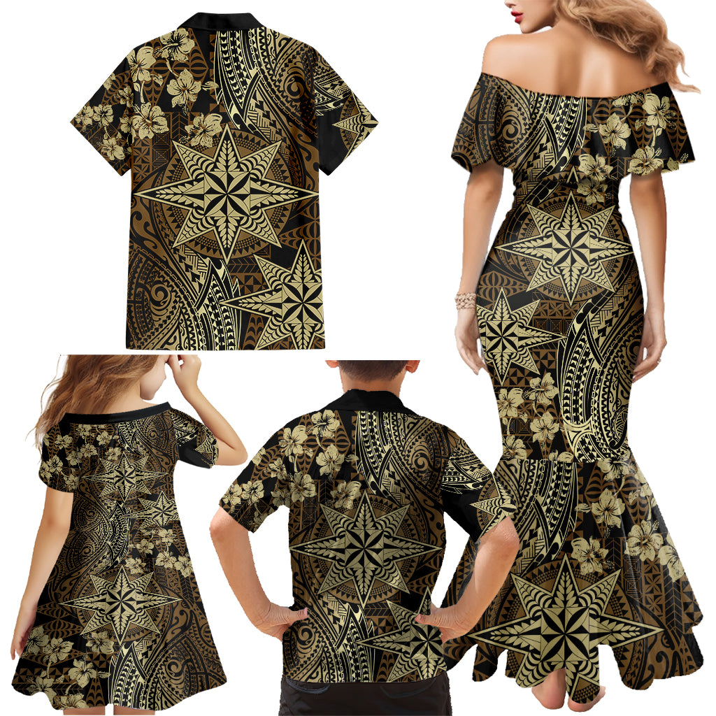 Vintage Tonga Tribal Ngatu Pattern Family Matching Mermaid Dress and Hawaiian Shirt With Pacific Floral Brown Art LT9 - Polynesian Pride