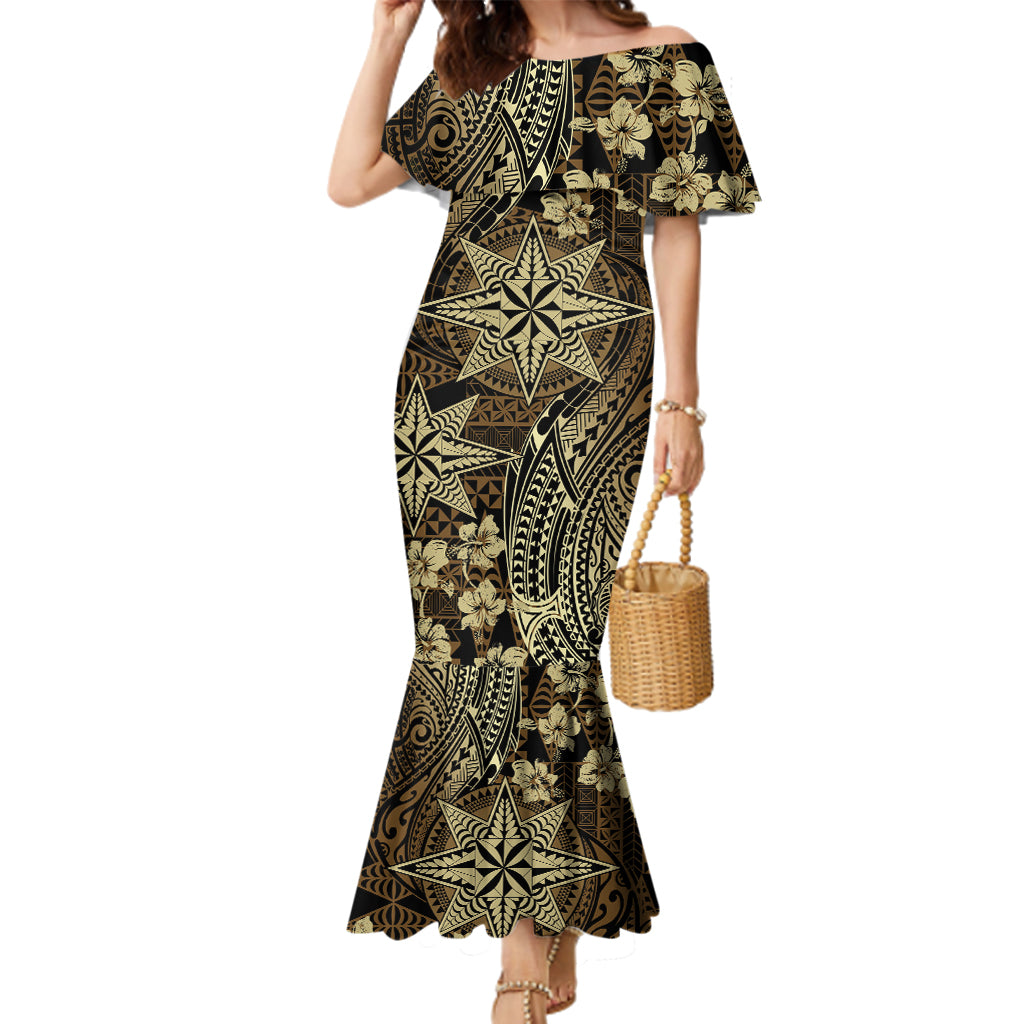Vintage Tonga Tribal Ngatu Pattern Family Matching Mermaid Dress and Hawaiian Shirt With Pacific Floral Brown Art LT9 Mom's Dress Brown - Polynesian Pride