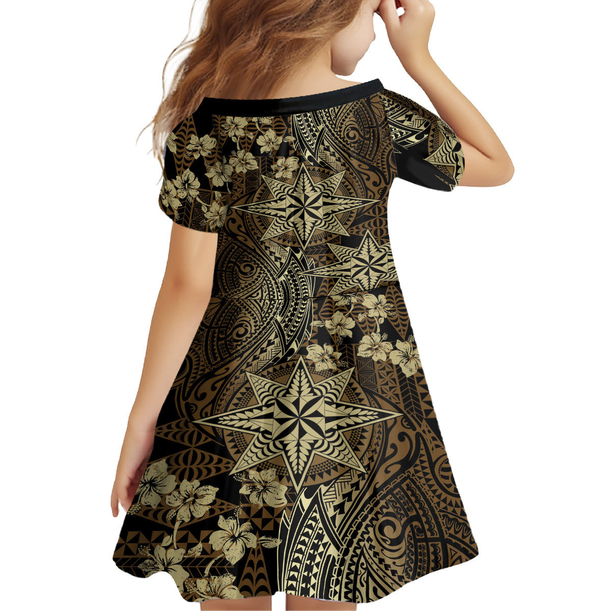 Vintage Tonga Tribal Ngatu Pattern Family Matching Off The Shoulder Long Sleeve Dress and Hawaiian Shirt With Pacific Floral Brown Art LT9 - Polynesian Pride