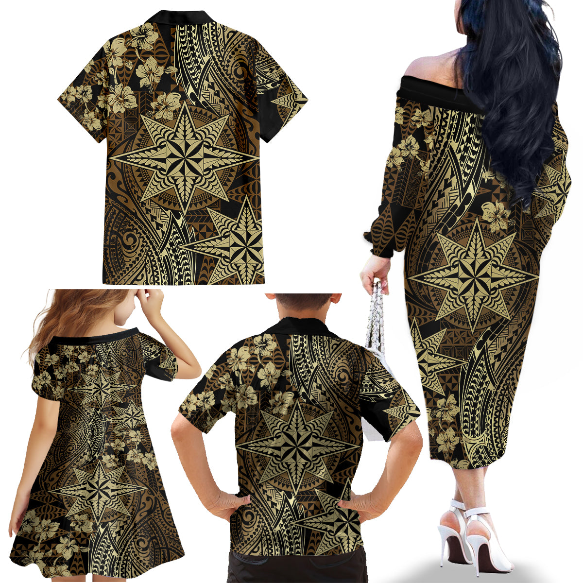 Vintage Tonga Tribal Ngatu Pattern Family Matching Off The Shoulder Long Sleeve Dress and Hawaiian Shirt With Pacific Floral Brown Art LT9 - Polynesian Pride