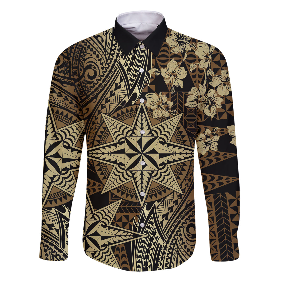 Vintage Tonga Tribal Ngatu Pattern Family Matching Off The Shoulder Long Sleeve Dress and Hawaiian Shirt With Pacific Floral Brown Art LT9 Dad's Shirt - Long Sleeve Brown - Polynesian Pride